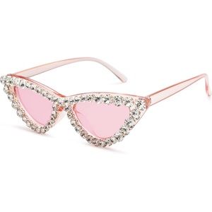 Retro Vintage Narrow Cat Eye Sunglasses with Crystal Trim Jeweled Frame